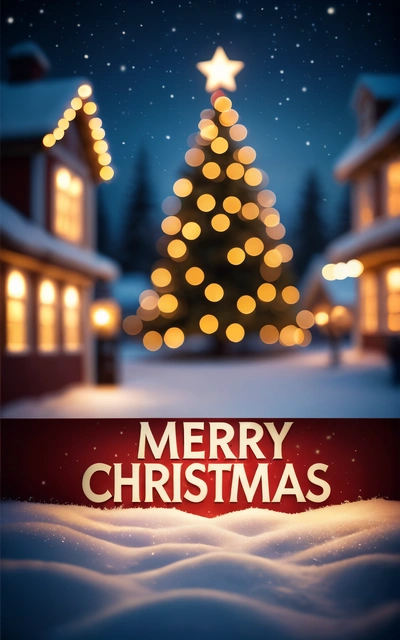 A Christmas tree with lights in the background and a Merry Christmas message below it on a snowy night with a lit up house and a lit up tree, dark background, a digital rendering, naive art