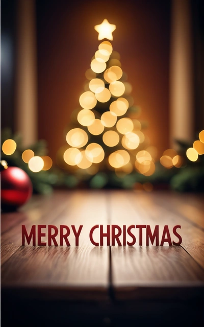 A Christmas tree with a Merry Christmas message on it's side and a red ornament in the background with a gold star, plain background, a digital rendering, naive art