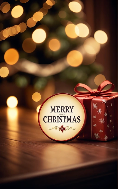 A Christmas present sitting on a table next to a Christmas tree with lights in the background and a Merry Christmas sign on it's side, post processed, a digital rendering, naive art