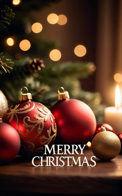 A Christmas tree with a candle and ornaments on it with a Merry Christmas message below it on a table with a lit candle and a Christmas tree, dark background, a poster, american barbizon school