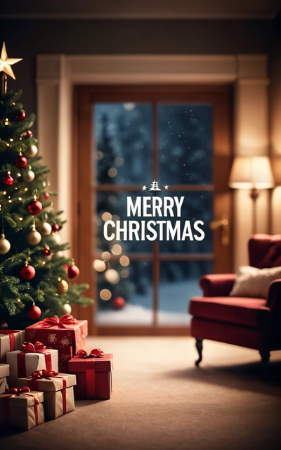 A Christmas tree with presents in front of a window with a Merry Christmas message on it and a red chair in front of it with a red blanket, 4k uhd image, a digital rendering, naive art