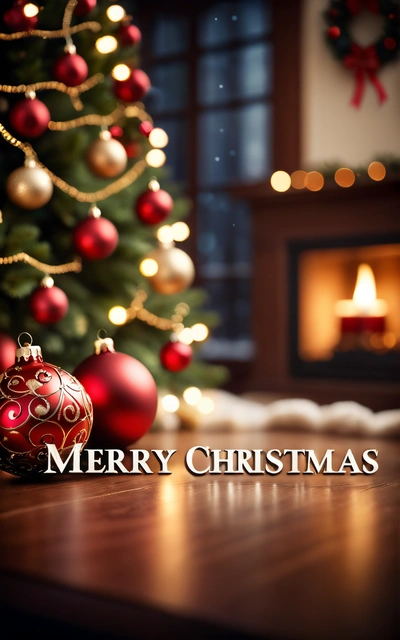 A Christmas tree with a lit fireplace in the background and a Merry Christmas message below it that reads Merry Christmas with a lit fireplace in the background, post processed, a digital rendering, naive art