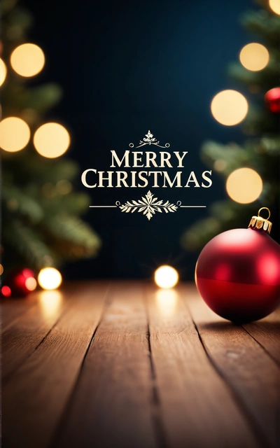 A Christmas card with a red ornament and a Christmas tree in the background with lights on the floor and a dark background with a Merry Christmas message, dark background, a digital rendering, naive art