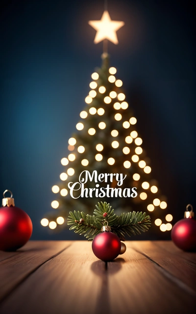 A Christmas tree with a star on top of it and a lit up sign above it that says Merry Christmas on a wooden table with ornaments, dark background, a digital rendering, naive art