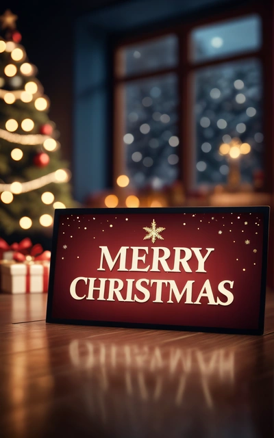 A Merry Christmas sign sitting on a table next to a Christmas tree with lights on it and a lit window behind it with a lit up Christmas tree, 4k uhd image, a digital rendering, naive art