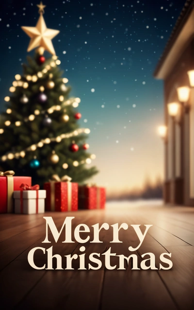 A Christmas tree with presents in front of it and a Merry Christmas message below it on a wooden floor with a lit up Christmas tree, plain background, a digital rendering, naive art