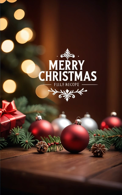 A Christmas tree with a Merry Christmas message on it and ornaments around it on a table with lights in the background and a Christmas tree, hi - fructose, a flemish baroque, folk art