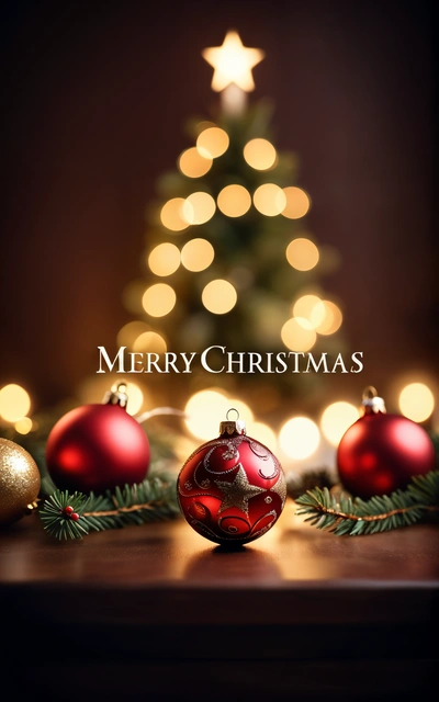 A Christmas tree with a lit up Christmas tree in the background with a Merry Christmas message below it and a red ornament with a gold star, post processed, a digital rendering, naive art