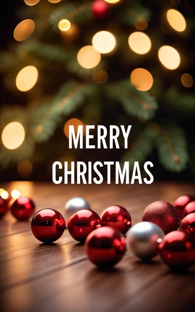 A Christmas tree with a Merry Christmas message on it's side and red ornaments on the floor in front of it and a Christmas tree with lights in the background, plain background, a stock photo, computer art
