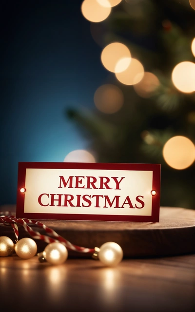 A Merry Christmas sign sitting on a table next to a Christmas tree with lights on it and a red ribbon around it and a red box with a Merry Christmas message, plain background, a digital rendering, verdadism