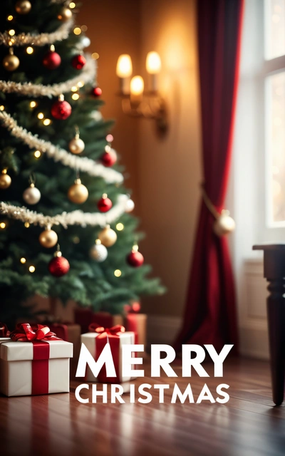 A Christmas tree with presents under it and a Merry Christmas message below it with a piano in front of it and a Christmas tree in the background, anamorphic lens flare, a digital rendering, american barbizon school