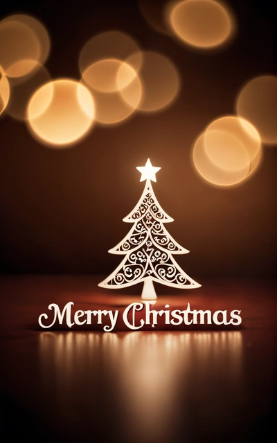 A Merry Christmas tree with lights in the background and a Merry message below it on a table with a blurry background of boke, post processed, a digital rendering, naive art