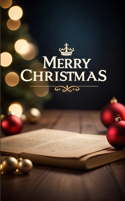 A book with Christmas ornaments on a table with a Christmas tree in the background and a Merry Christmas message on the cover of the book, book cover, a digital rendering, academic art