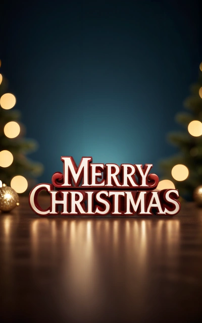 A Merry Christmas sign on a table with Christmas lights in the background and a Christmas tree in the foreground with a blue background with a, plain background, a digital rendering, naive art