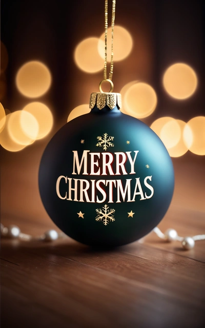 A Christmas ornament with a Merry Christmas message on it's front and a string of lights behind it on a table with a blurry background, dark background, a digital rendering, naive art