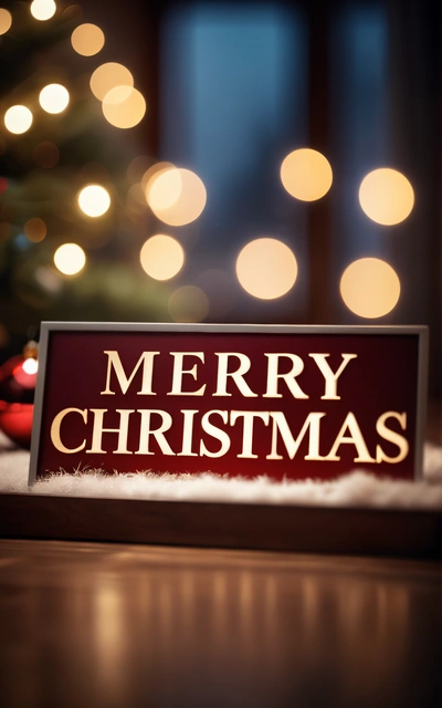 A Merry Christmas sign sitting on a table next to a Christmas tree with lights in the background and a Christmas tree in the background with lights, 4k uhd image, a digital rendering, verdadism