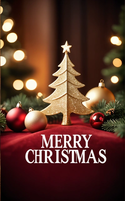 A Merry Christmas card with a Christmas tree and ornaments on a red cloth with lights in the background and a Merry Christmas message below it, poster, a digital rendering, lyco art