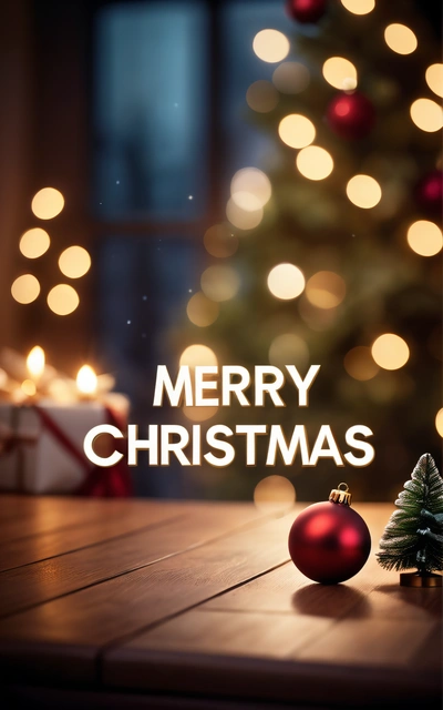 A Christmas tree with a Merry Christmas message on it's side and a lit up Christmas tree in the background with a lit up Christmas tree, plain background, a digital rendering, naive art