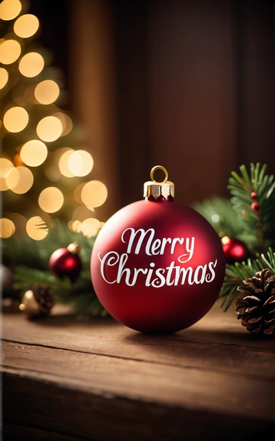 A red ornament with Merry Christmas written on it sitting on a table next to a Christmas tree and a lite up Christmas tree, post processed, a digital rendering, naive art