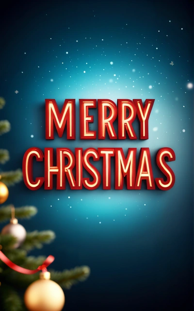 A Merry Christmas card with a Christmas tree and ornaments on it, with a blue background and a red ribbon around the word Merry Christmas, behance hd, a digital rendering, american barbizon school