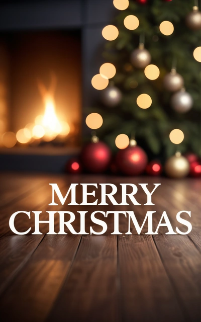 A Christmas tree with a Merry Christmas message on it's side and a fireplace in the background with a lit Christmas tree in the middle, plain background, a digital rendering, folk art