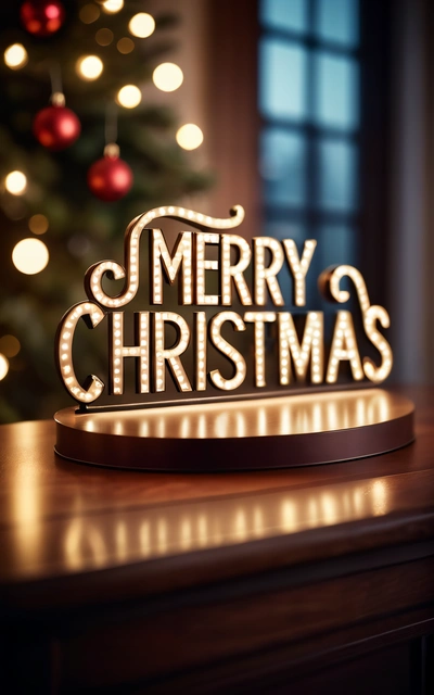 A Merry Christmas sign on a table in front of a Christmas tree with lights on it and a lit up Christmas tree in the background, unreal engine 5 quality render, a 3d render, letterism