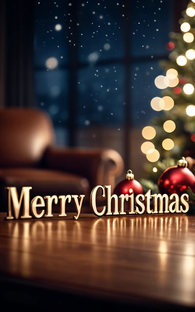 A Christmas tree with a Merry Christmas message on it and a chair in the background with a Christmas tree in the background with lights on, plain background, a digital rendering, naive art
