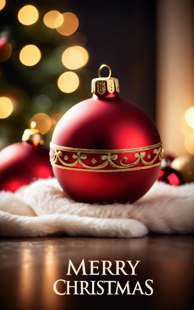 A red Christmas ornament sitting on top of a white blanket next to a Christmas tree with lights in the background and a Merry Christmas message below, red, a 3d render, photorealism