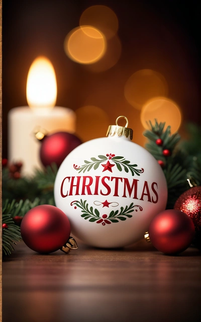 A Christmas ornament with a candle in the background and a Christmas tree branch with red balls around it and a candle in the foreground, promotional image, a digital rendering, folk art