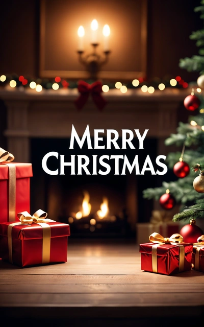 A Christmas tree with presents in front of it and a Merry Christmas message on the front of the picture with a fireplace in the background, 4k uhd image, a digital rendering, naive art