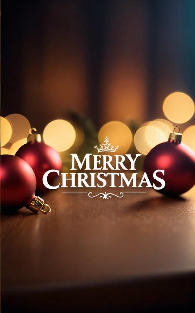 A Merry Christmas card with red ornaments on a table with lights in the background and a Merry Christmas message below it that reads Merry Christmas, plain background, a digital rendering, naive art