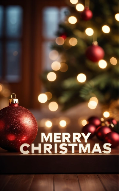 A Christmas tree with a Merry Christmas message on it and a red ornament in front of it with a lit Christmas tree in the background, plain background, a digital rendering, naive art
