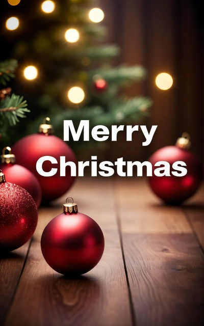 A wooden table topped with red Christmas ornaments and a Merry Christmas message on it's side of the picture with a Christmas tree in the background, plain background, computer graphics, computer art