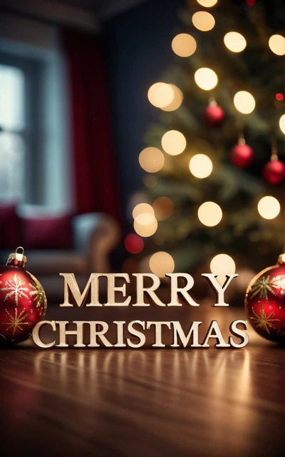 A Christmas tree with a Merry Christmas message on it and a lit up Christmas tree in the background with a red couch and a red chair, post processed, a digital rendering, naive art