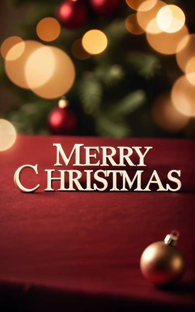 A Merry Christmas card with a Christmas tree in the background and a red table cloth with a Merry Christmas message on it and a gold baub, plain background, a digital rendering, naive art