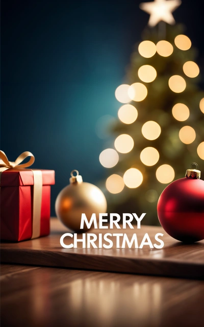 A Christmas tree with a Merry Christmas message on it and presents on the table next to it with a lit up Christmas tree in the background, post processed, a 3d render, naive art