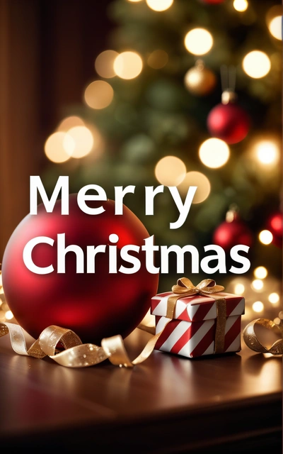 A Christmas ornament with a red ball and ribbon around it and a Christmas tree in the background with lights on it and a Merry Christmas message, plain background, a digital rendering, naive art