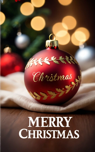 A Christmas ornament on a napkin with a Christmas tree in the background with lights in the background and a Merry Christmas message below, plain background, a digital rendering, naive art