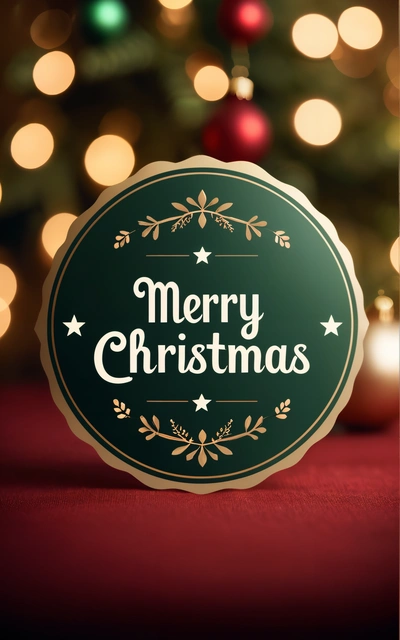 A Merry Christmas sign with a Christmas tree in the background with lights in the background and a red table cloth with a red table cloth, plain background, a digital rendering, naive art