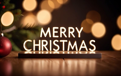 A Christmas ornament with a Christmas tree in the background and a Merry Christmas message on the front of it, with a lit up Christmas tree in the background, 4k uhd image, a 3d render, letterism