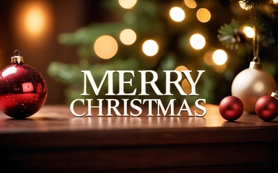 A Merry Christmas message with ornaments on a table with a Christmas tree in the background and a lit up Christmas tree in the background with lights, 4k uhd image, a digital rendering, folk art