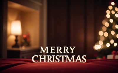 A Christmas tree with a Merry Christmas message on it's side in a room with a red couch and a Christmas tree in the background, anamorphic lens flare, a digital rendering, american barbizon school