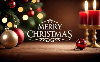 A Merry Christmas banner with a lit candle and ornaments on a table with a Christmas tree in the background and a lit candle in the foreground, post processed, a digital rendering, naive art