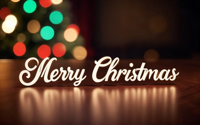 A Merry Christmas sign on a table with a Christmas tree in the background with lights on it and a blurry Christmas tree in the background, anamorphic lens flare, a digital rendering, naive art