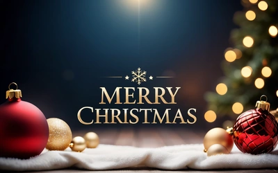 A Merry Christmas banner with ornaments and lights in the background and a Christmas tree in the background with a snow - covered blanket and a, plain background, a digital rendering, naive art