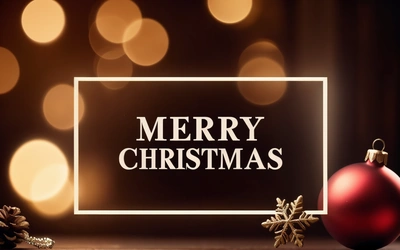 A Merry Christmas card with a red ornament and a gold ornament on a table with a blurry background of lights, plain background, a digital rendering, naive art