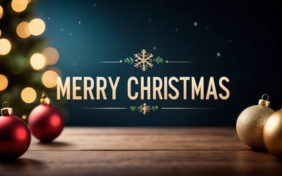 A Merry Christmas banner with ornaments on a table and a Christmas tree in the background with lights on it and a blue background with a gold border, dark background, a digital rendering, naive art