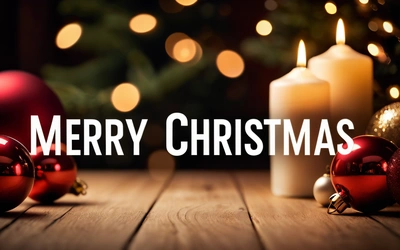 A wooden table topped with Christmas ornaments and candles with a Merry Christmas message in the middle of the image with a lit candle and a Christmas tree, dark background, computer graphics, folk art