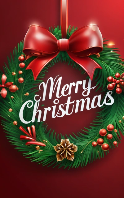 A Christmas wreath with a bow and a Merry message on it with a red background and a red ribbon on the top of the wreath, plain background, a digital rendering, naive art