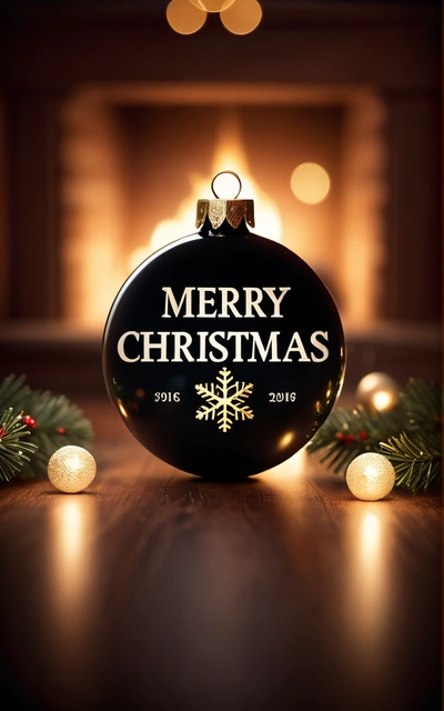 A black Christmas ornament with a Merry Christmas message on it sitting on a table with Christmas lights around it and a fireplace in the background, behance hd, a digital rendering, naive art